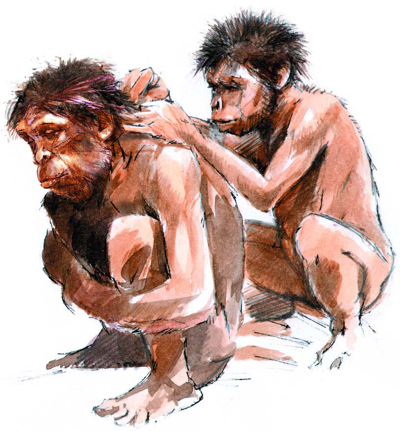 Two early humans grooming each other