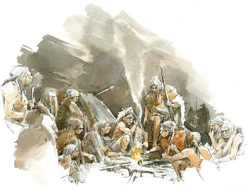 A tribe resting together around a camp
