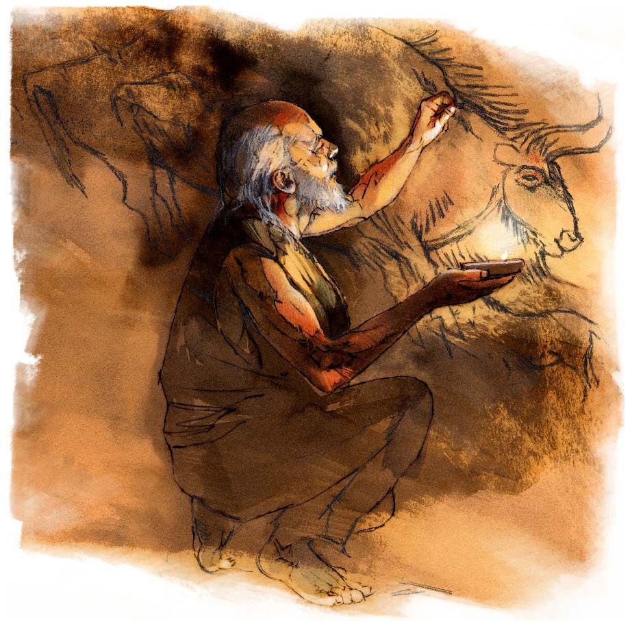 An artist painting an aurochs on a cave wall