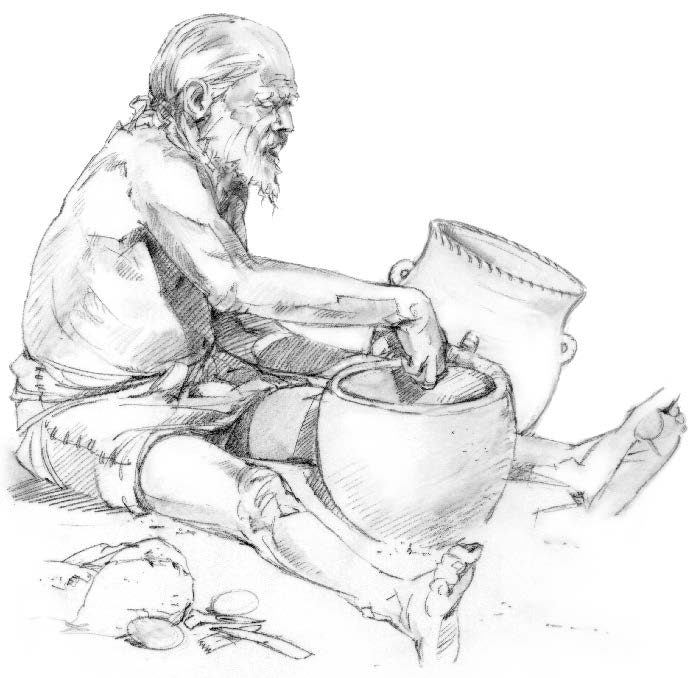 Pencil drawing of a potter shaping a vessel