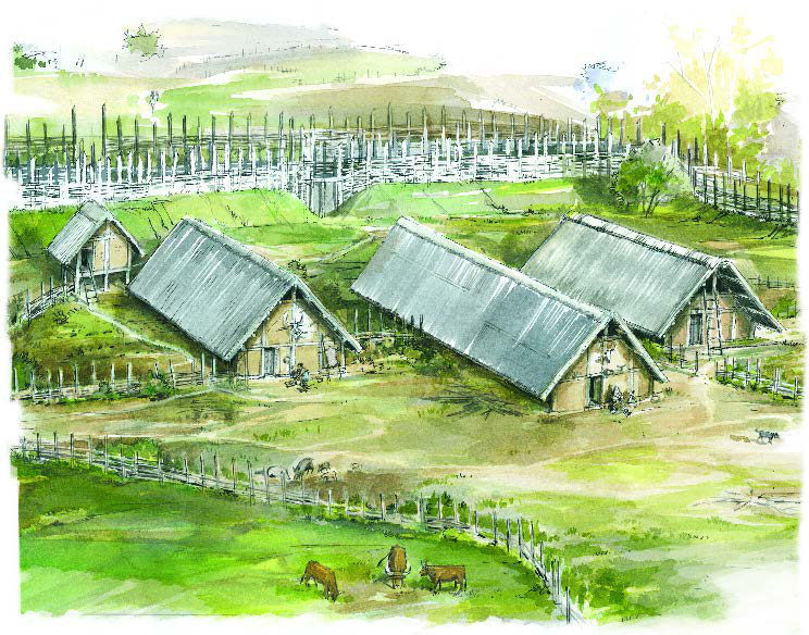 A palisaded village with longhouses