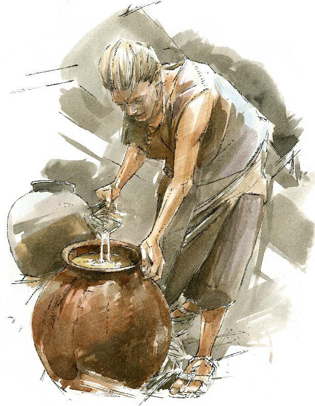 Watercolour of a woman pouring liquid into a clay jar